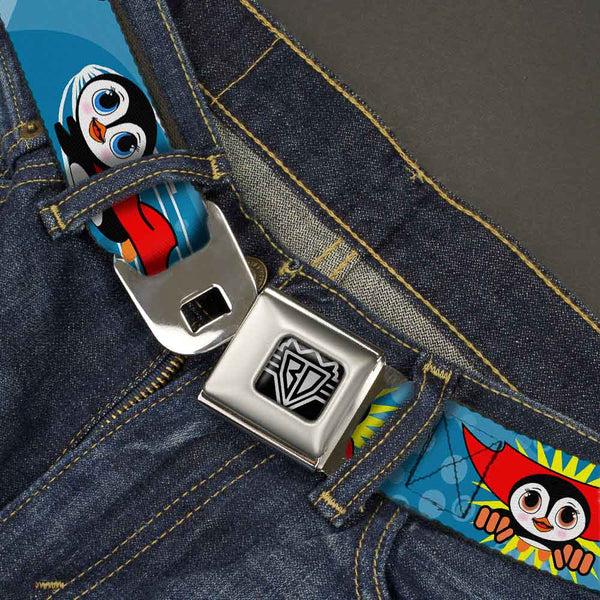Buckle-Down BD Wings Logo CLOSE-UP Full Color Black Silver Seatbelt Belt - Penguin Superhero Blue Bubbles Webbing