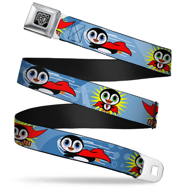 Buckle-Down BD Wings Logo CLOSE-UP Full Color Black Silver Seatbelt Belt - Penguin Superhero Blue Bubbles Webbing