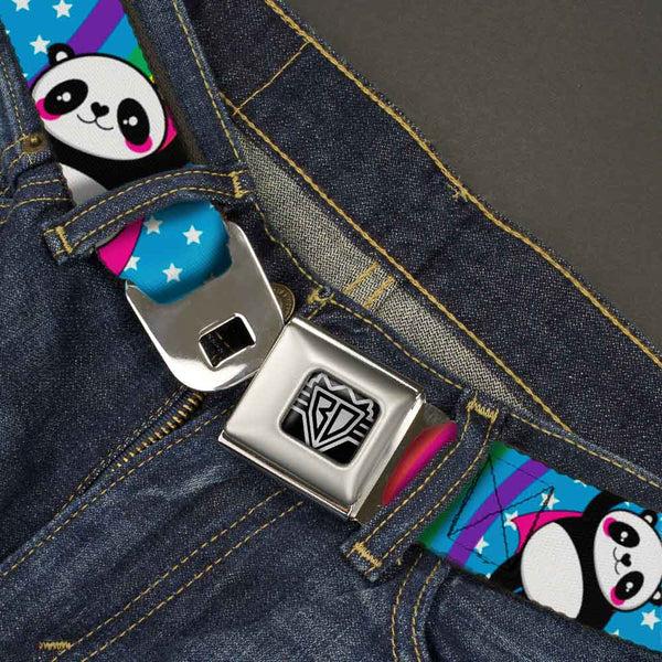 Buckle-Down BD Wings Logo CLOSE-UP Full Color Black Silver Seatbelt Belt - Pandas & Rainbows W/Stars Webbing