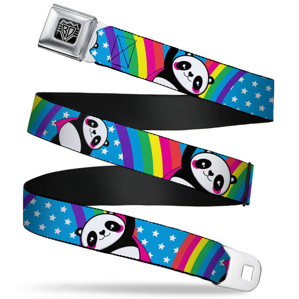 Buckle-Down BD Wings Logo CLOSE-UP Full Color Black Silver Seatbelt Belt - Pandas & Rainbows w/Stars Webbing