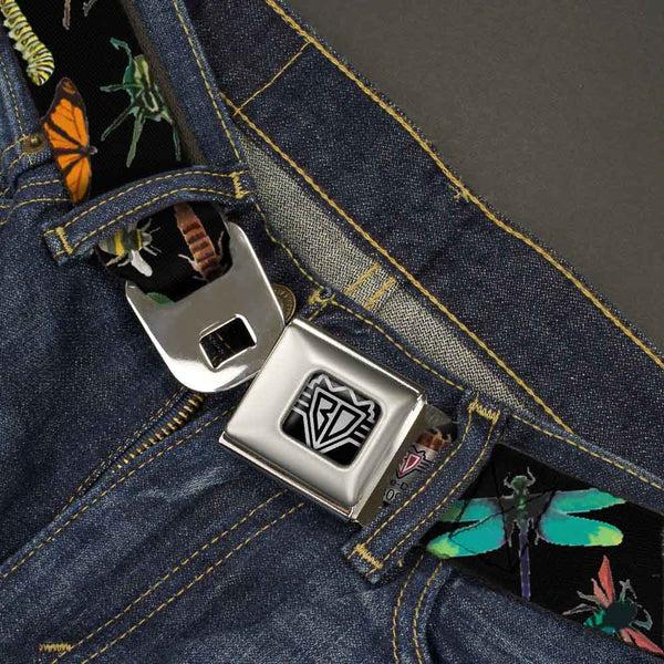 Buckle-Down BD Wings Logo CLOSE-UP Full Color Black Silver Seatbelt Belt - Insects Scattered CLOSE-UP Black Webbing