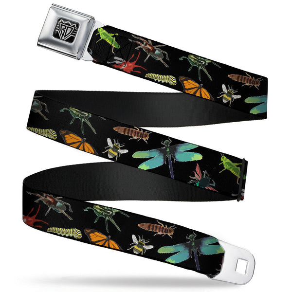 Buckle-Down BD Wings Logo CLOSE-UP Full Color Black Silver Seatbelt Belt - Insects Scattered CLOSE-UP Black Webbing