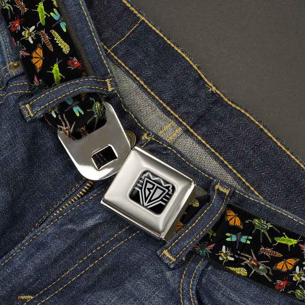 Buckle-Down BD Wings Logo CLOSE-UP Full Color Black Silver Seatbelt Belt - Insects Scattered Black Webbing