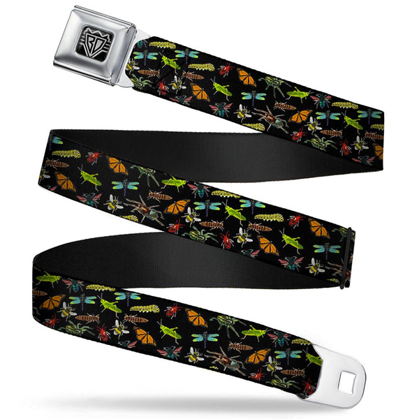 Buckle-Down BD Wings Logo CLOSE-UP Full Color Black Silver Seatbelt Belt - Insects Scattered Black Webbing