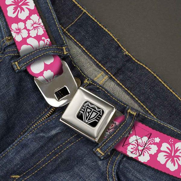 Buckle-Down BD Wings Logo CLOSE-UP Full Color Black Silver Seatbelt Belt - Hibiscus Neon Pink/White Webbing