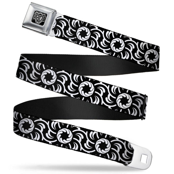 Buckle-Down BD Wings Logo CLOSE-UP Full Color Black Silver Seatbelt Belt - Floral Pinwheel Black/White Webbing
