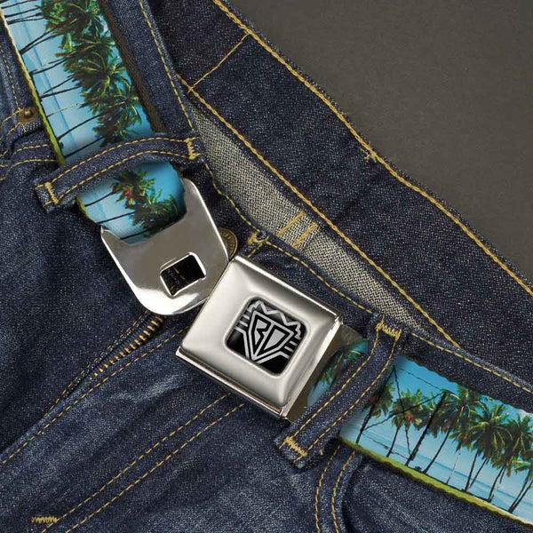 Buckle-Down BD Wings Logo CLOSE-UP Full Color Black Silver Seatbelt Belt - Landscape Beach Palm Trees Webbing