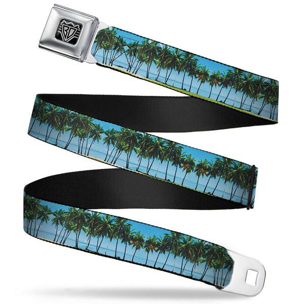 Buckle-Down BD Wings Logo CLOSE-UP Full Color Black Silver Seatbelt Belt - Landscape Beach Palm Trees Webbing
