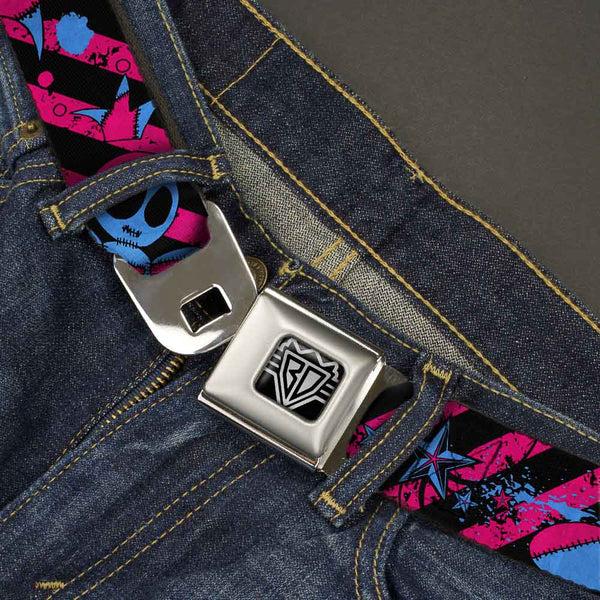 Buckle-Down BD Wings Logo CLOSE-UP Full Color Black Silver Seatbelt Belt - Voodoo Black/Pink/Blue Webbing
