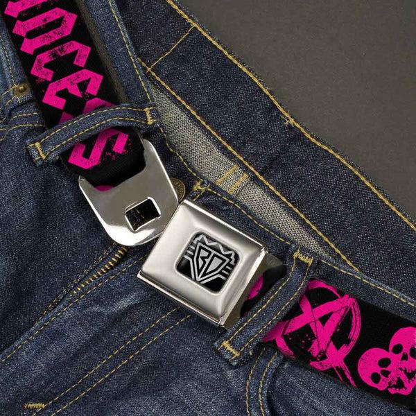 Buckle-Down BD Wings Logo CLOSE-UP Full Color Black Silver Seatbelt Belt - Punk Princess Black/Fuchsia Webbing