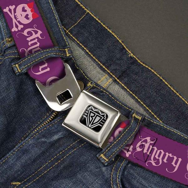Buckle-Down BD Wings Logo CLOSE-UP Full Color Black Silver Seatbelt Belt - Angry Girl Purple/Pink Webbing