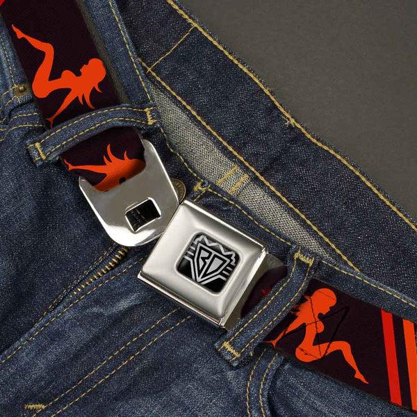 Buckle-Down BD Wings Logo CLOSE-UP Full Color Black Silver Seatbelt Belt - Mud Flap Girls W/Stripes Black/Red/Orange Webbing