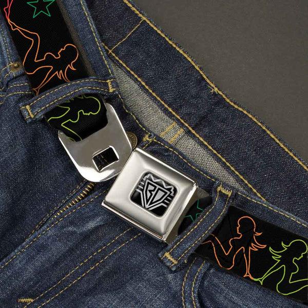 Buckle-Down BD Wings Logo CLOSE-UP Full Color Black Silver Seatbelt Belt - Mud Flap Girls W/Star Outline Black/Multi Color Webbing