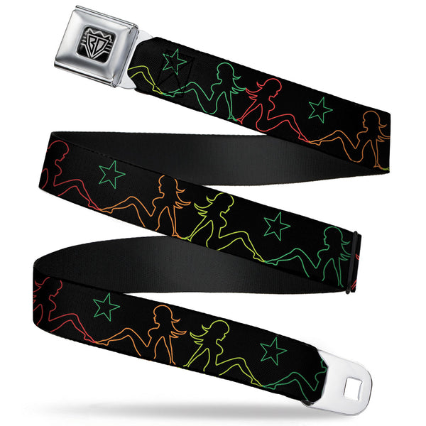 Buckle-Down BD Wings Logo CLOSE-UP Full Color Black Silver Seatbelt Belt - Mud Flap Girls w/Star Outline Black/Multi Color Webbing