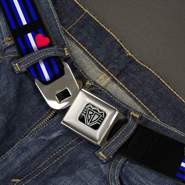 Buckle-Down BD Wings Logo CLOSE-UP Full Color Black Silver Seatbelt Belt - Flag Leather Black/Blue/Red/White Webbing