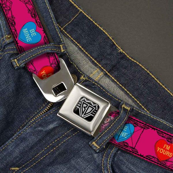 Buckle-Down BD Wings Logo CLOSE-UP Full Color Black Silver Seatbelt Belt - Candy Hearts Webbing