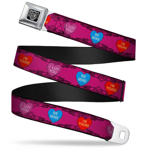 Buckle-Down BD Wings Logo CLOSE-UP Full Color Black Silver Seatbelt Belt - Candy Hearts Webbing