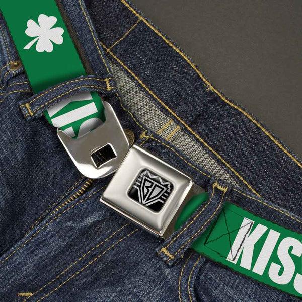 Buckle-Down BD Wings Logo CLOSE-UP Full Color Black Silver Seatbelt Belt - St. Pat's KISS ME I'M DRUNK/Shamrock Green/White Webbing