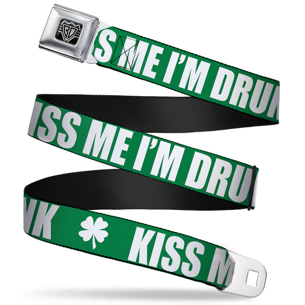 Buckle-Down BD Wings Logo CLOSE-UP Full Color Black Silver Seatbelt Belt - St. Pat's KISS ME I'M DRUNK/Shamrock Green/White Webbing