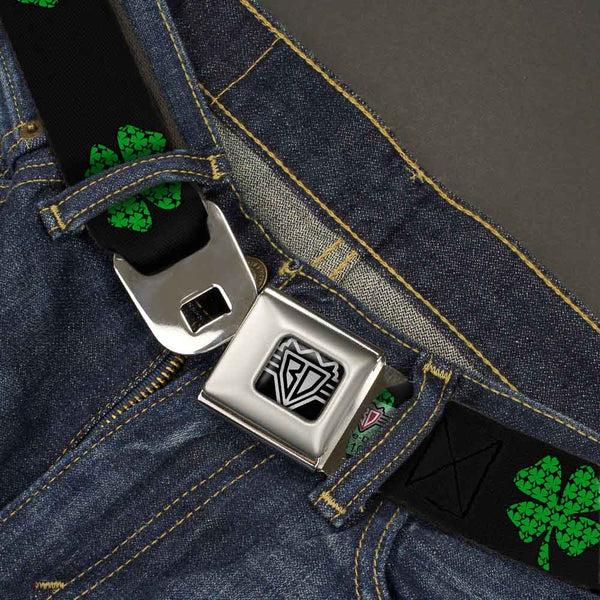Buckle-Down BD Wings Logo CLOSE-UP Full Color Black Silver Seatbelt Belt - St. Pat's Black/Clovers Webbing