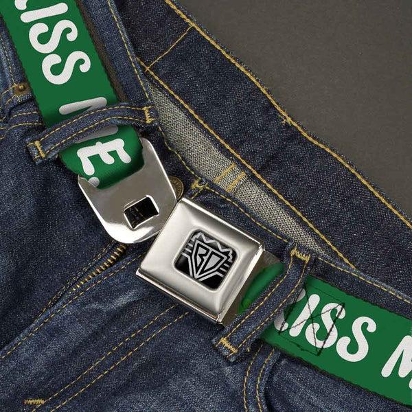 Buckle-Down BD Wings Logo CLOSE-UP Full Color Black Silver Seatbelt Belt - KISS ME I'M IRISH Clovers Green/White Webbing