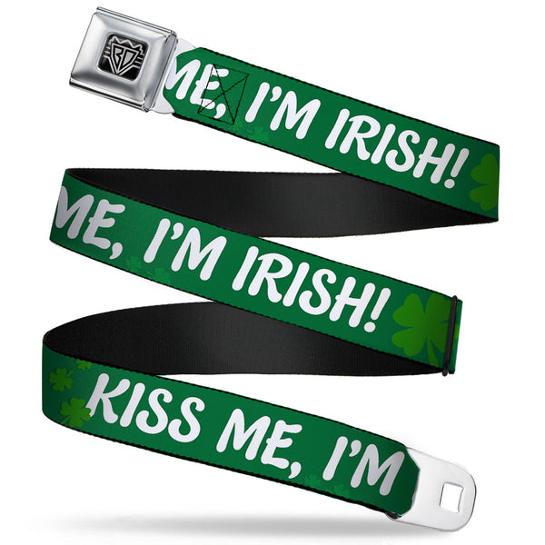 Buckle-Down BD Wings Logo CLOSE-UP Full Color Black Silver Seatbelt Belt - KISS ME I'M IRISH Clovers Green/White Webbing