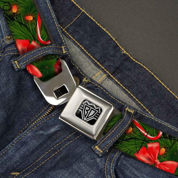 Buckle-Down BD Wings Logo CLOSE-UP Full Color Black Silver Seatbelt Belt - Decorated Tree2 W/Bows/Lights/Candy Canes Webbing