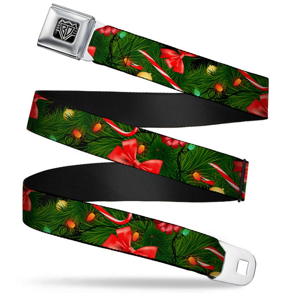 Buckle-Down BD Wings Logo CLOSE-UP Full Color Black Silver Seatbelt Belt - Decorated Tree2 w/Bows/Lights/Candy Canes Webbing