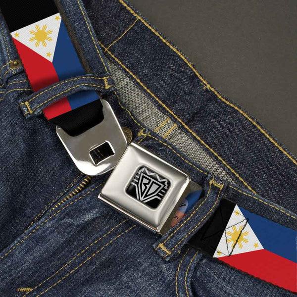 Buckle-Down BD Wings Logo CLOSE-UP Full Color Black Silver Seatbelt Belt - Philippines Flags Webbing