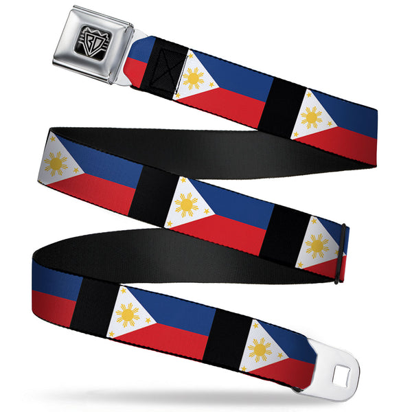 Buckle-Down BD Wings Logo CLOSE-UP Full Color Black Silver Seatbelt Belt - Philippines Flags Webbing