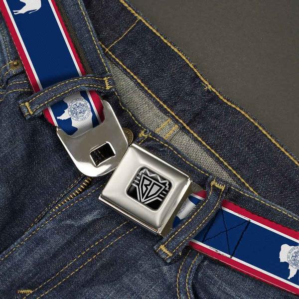 Buckle-Down BD Wings Logo CLOSE-UP Full Color Black Silver Seatbelt Belt - Wyoming Flags Webbing