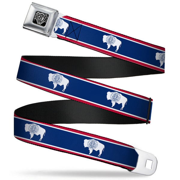 Buckle-Down BD Wings Logo CLOSE-UP Full Color Black Silver Seatbelt Belt - Wyoming Flags Webbing