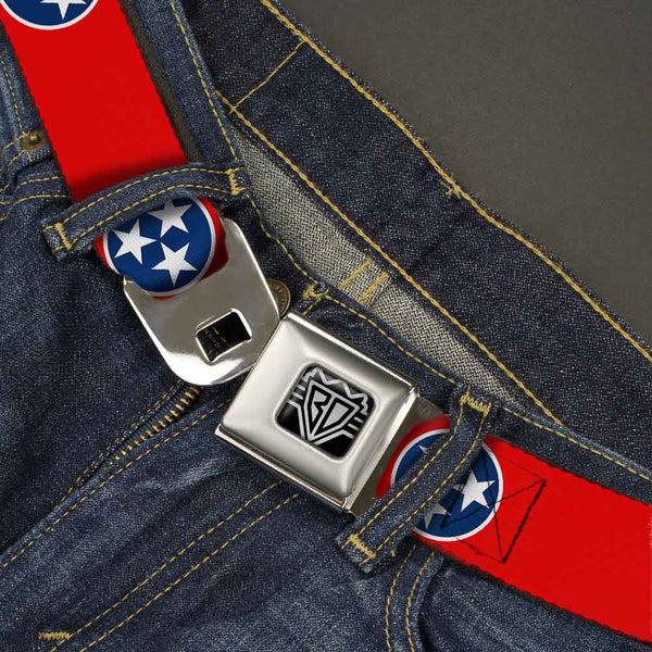 Buckle-Down BD Wings Logo CLOSE-UP Full Color Black Silver Seatbelt Belt - Tennessee Flag Stars Red/White/Blue Webbing