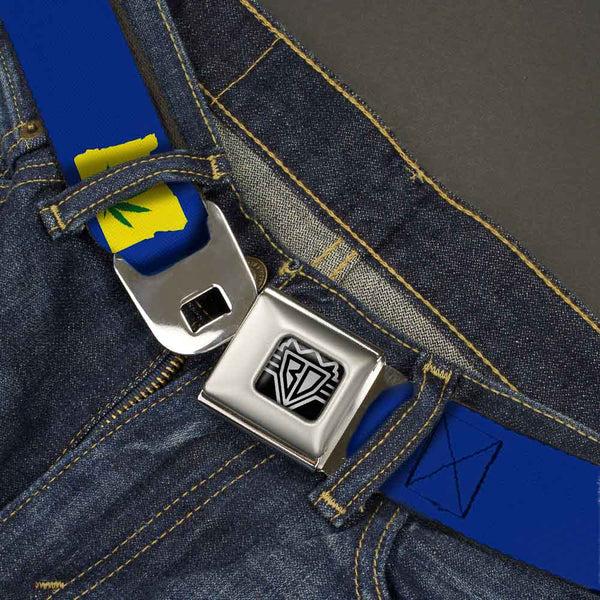 Buckle-Down BD Wings Logo CLOSE-UP Full Color Black Silver Seatbelt Belt - Oregon State Silhouette/Marijuana Leaf Blue/Yellow/Green Webbing
