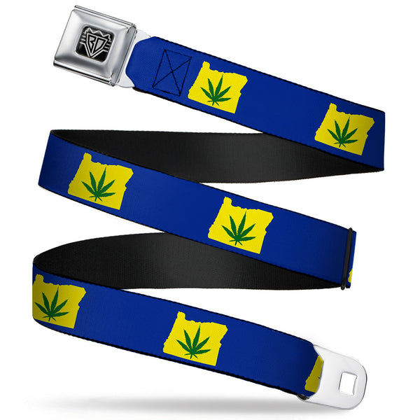 Buckle-Down BD Wings Logo CLOSE-UP Full Color Black Silver Seatbelt Belt - Oregon State Silhouette/Marijuana Leaf Blue/Yellow/Green Webbing