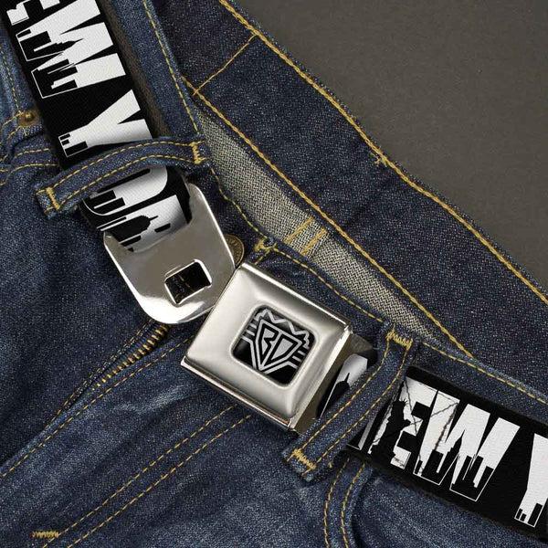 Buckle-Down BD Wings Logo CLOSE-UP Full Color Black Silver Seatbelt Belt - NEW YORK Bold/Skyline Silhouette Black/White/Black Webbing
