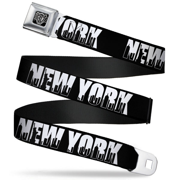 Buckle-Down BD Wings Logo CLOSE-UP Full Color Black Silver Seatbelt Belt - NEW YORK Bold/Skyline Silhouette Black/White/Black Webbing