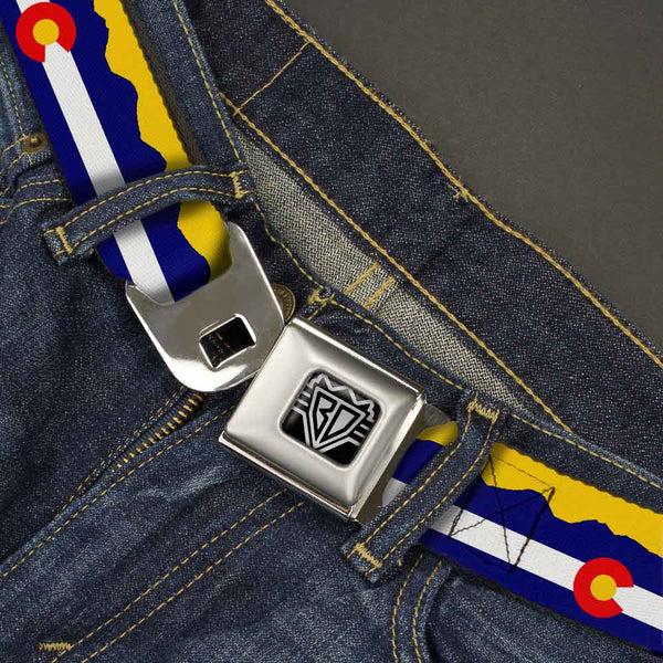 Buckle-Down BD Wings Logo CLOSE-UP Full Color Black Silver Seatbelt Belt - Colorado Flag/Mountain Silhouette Yellow Webbing