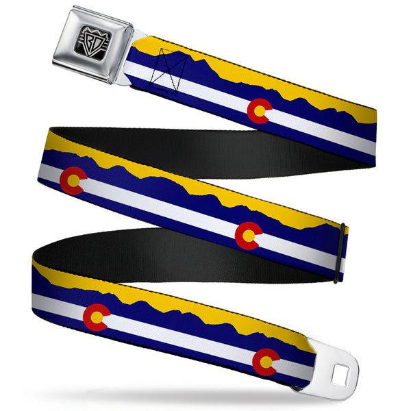 Buckle-Down BD Wings Logo CLOSE-UP Full Color Black Silver Seatbelt Belt - Colorado Flag/Mountain Silhouette Yellow Webbing