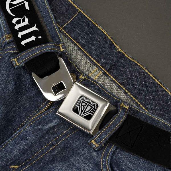 Buckle-Down BD Wings Logo CLOSE-UP Full Color Black Silver Seatbelt Belt - CALI Old English Black/White Webbing