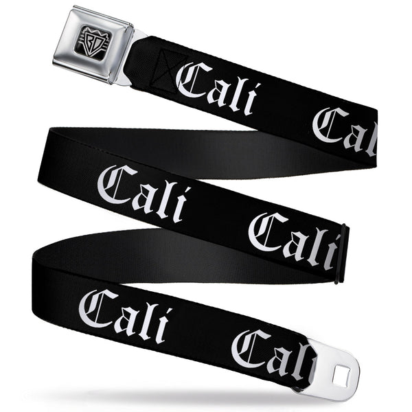 Buckle-Down BD Wings Logo CLOSE-UP Full Color Black Silver Seatbelt Belt - CALI Old English Black/White Webbing