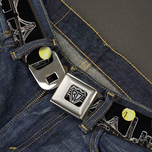Buckle-Down BD Wings Logo CLOSE-UP Full Color Black Silver Seatbelt Belt - San Francisco W/Moon Vivid Skyline Black Webbing