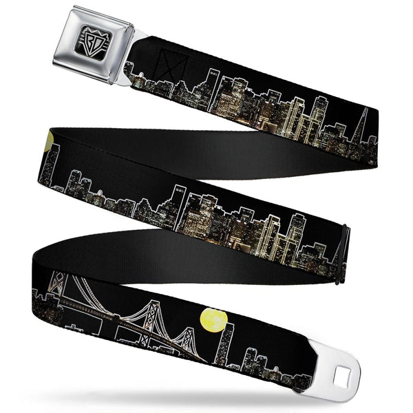 Buckle-Down BD Wings Logo CLOSE-UP Full Color Black Silver Seatbelt Belt - San Francisco w/Moon Vivid Skyline Black Webbing