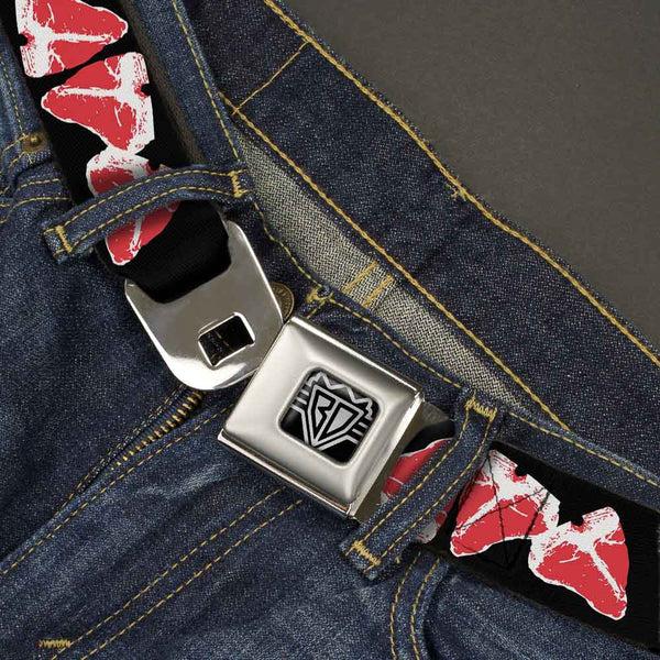 Buckle-Down BD Wings Logo CLOSE-UP Full Color Black Silver Seatbelt Belt - Steaks W/MEAT Text Webbing