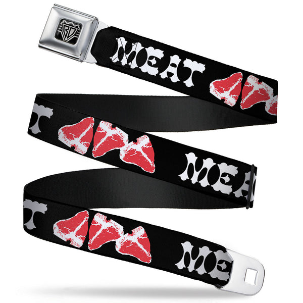 Buckle-Down BD Wings Logo CLOSE-UP Full Color Black Silver Seatbelt Belt - Steaks w/MEAT Text Webbing