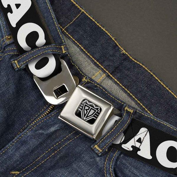 Buckle-Down BD Wings Logo CLOSE-UP Full Color Black Silver Seatbelt Belt - I "HEART" BACON Black/White/Red Webbing