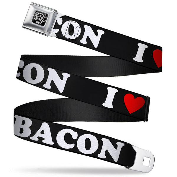Buckle-Down BD Wings Logo CLOSE-UP Full Color Black Silver Seatbelt Belt - I "HEART" BACON Black/White/Red Webbing