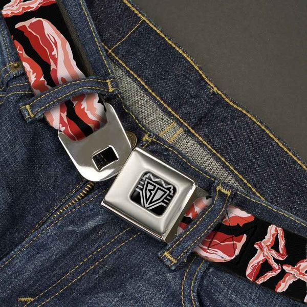 Buckle-Down BD Wings Logo CLOSE-UP Full Color Black Silver Seatbelt Belt - Bacon W/Text2 Webbing