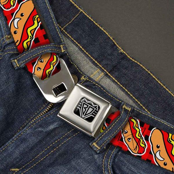 Buckle-Down BD Wings Logo CLOSE-UP Full Color Black Silver Seatbelt Belt - Hot Dogs/Buffalo Plaid Black/Red Webbing