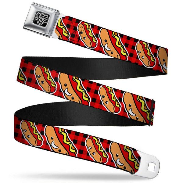 Buckle-Down BD Wings Logo CLOSE-UP Full Color Black Silver Seatbelt Belt - Hot Dogs/Buffalo Plaid Black/Red Webbing